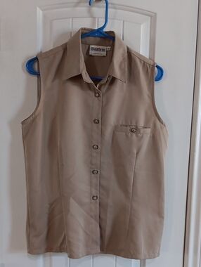 Vtg Darlyn Y2K Khaki Sleeveless Button Down Shirt Size Small Made in USA Poly